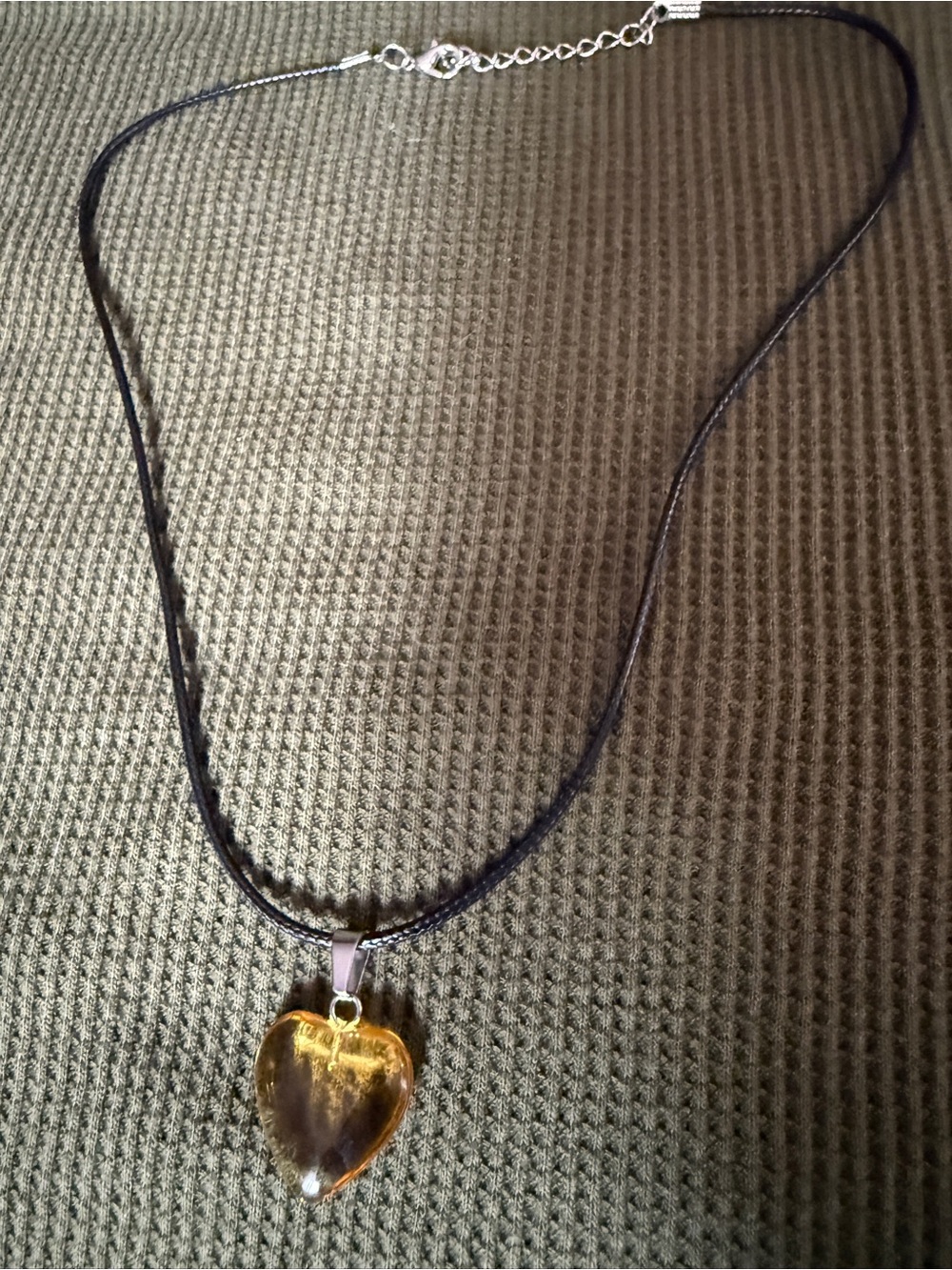 Heart Amber Glass Pendant Necklace - Black Cord